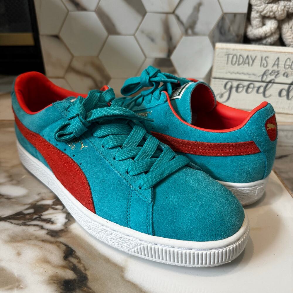 Puma Men's Suede Bluebird Tigerlilly Sneakers Size 7.5 US, 40EU Turquoise Orange